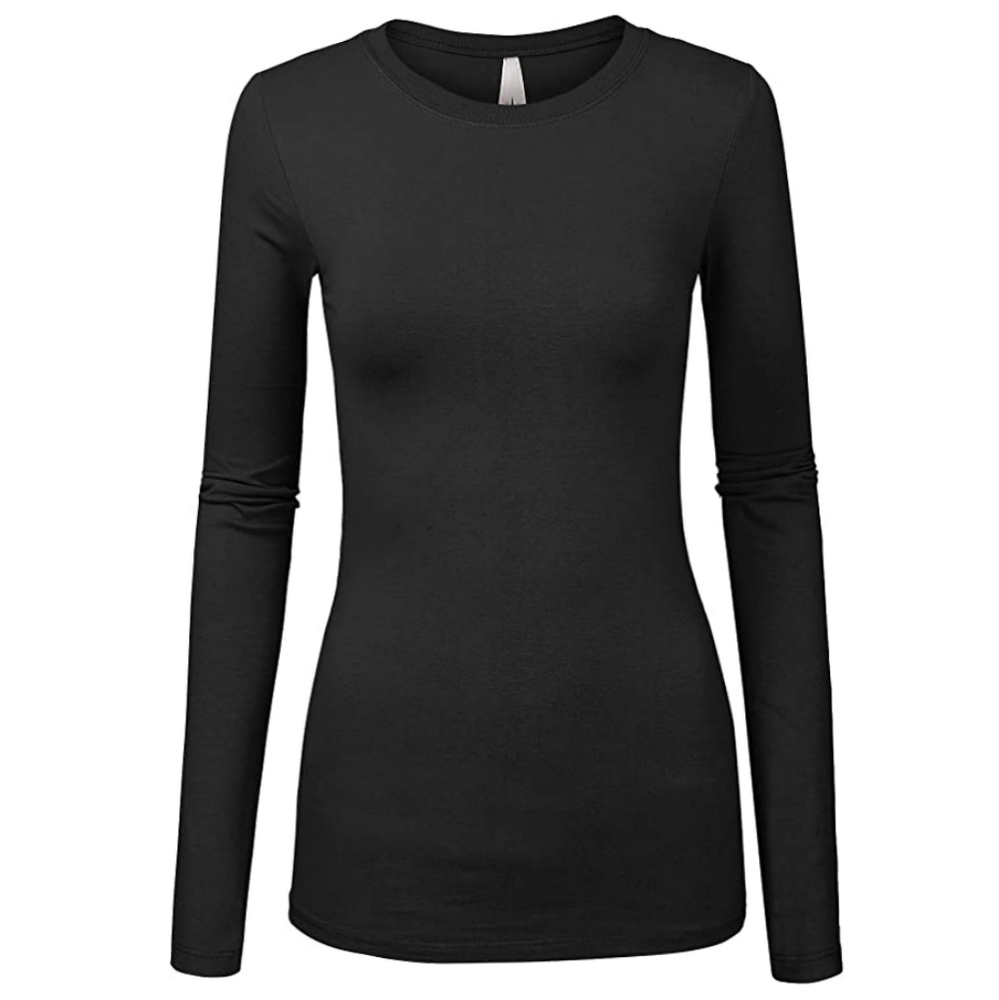 Black round neck long sleeve solid tee shirt top